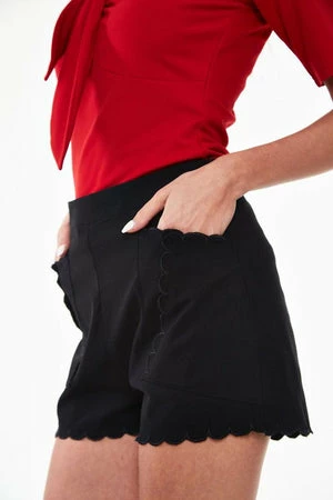 Voodoo Vixen High Waisted Black Shorts With Embroidered Scallop Pocket Detail 4 Voodoo Vixen High Waisted Black Shorts With Embroidered Scallop Pocket Detail - Image 4