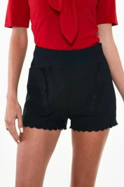 Voodoo Vixen High Waisted Black Shorts With Embroidered Scallop Pocket Detail