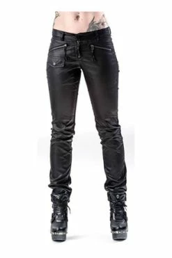 Queen Of Darkness Black Pants With Leather Look Front Side -Voodoo Vixen shop black pants with leather look front side queen of darkness 4 300x