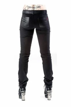 Queen Of Darkness Black Pants With Leather Look Front Side -Voodoo Vixen shop black pants with leather look front side queen of darkness 5 300x