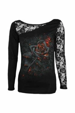 Spiral Burnt Rose - Lace One Shoulder Top Black