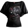 Spiral Dragon Rose - Boat Neck Bat Sleeve Top Black