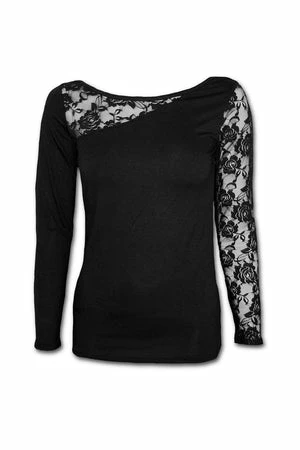 Spiral Gothic Elegance - Lace One Shoulder Top Black 1 Spiral Gothic Elegance - Lace One Shoulder Top Black