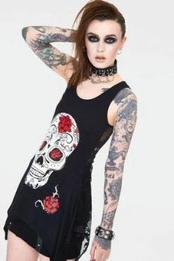 Jawbreaker Mexican Skull And Roses Longline Sleeveless Top With Back Mesh -Voodoo Vixen shop mexican skull and roses longline sleevles top with back mesh tpa 2520 01.1146 300x