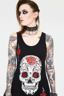Jawbreaker Mexican Skull And Roses Longline Sleeveless Top With Back Mesh -Voodoo Vixen shop mexican skull and roses longline sleevles top with back mesh tpa 2520 02.1146 300x