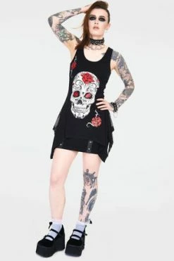 Jawbreaker Mexican Skull And Roses Longline Sleeveless Top With Back Mesh -Voodoo Vixen shop mexican skull and roses longline sleevles top with back mesh tpa 2520 04.1146 300x