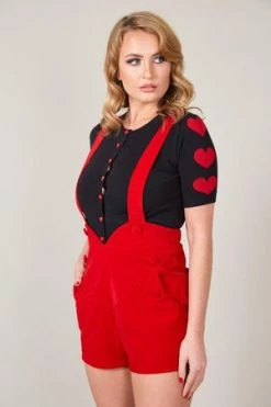 Voodoo Vixen Red Rosalie Corduroy Shorts With Button Detail