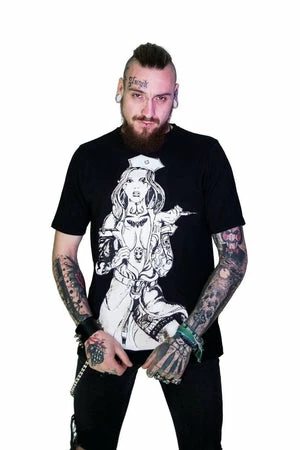 Dr Faust Tattooed Sexy Cursed Nurse Black T-Shirt - Tristan 1 Dr Faust Tattooed Sexy Cursed Nurse Black T-Shirt - Tristan
