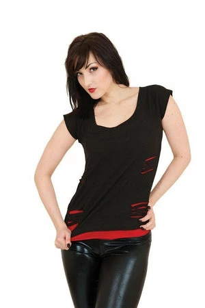 Spiral Urban Fashion - 2In1 Red Ripped Top Black 2 Spiral Urban Fashion - 2In1 Red Ripped Top Black - Image 2
