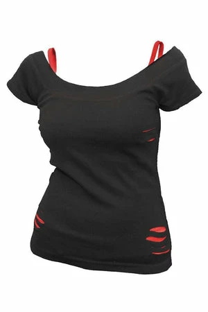 Spiral Urban Fashion - 2In1 Red Ripped Top Black 1 Spiral Urban Fashion - 2In1 Red Ripped Top Black